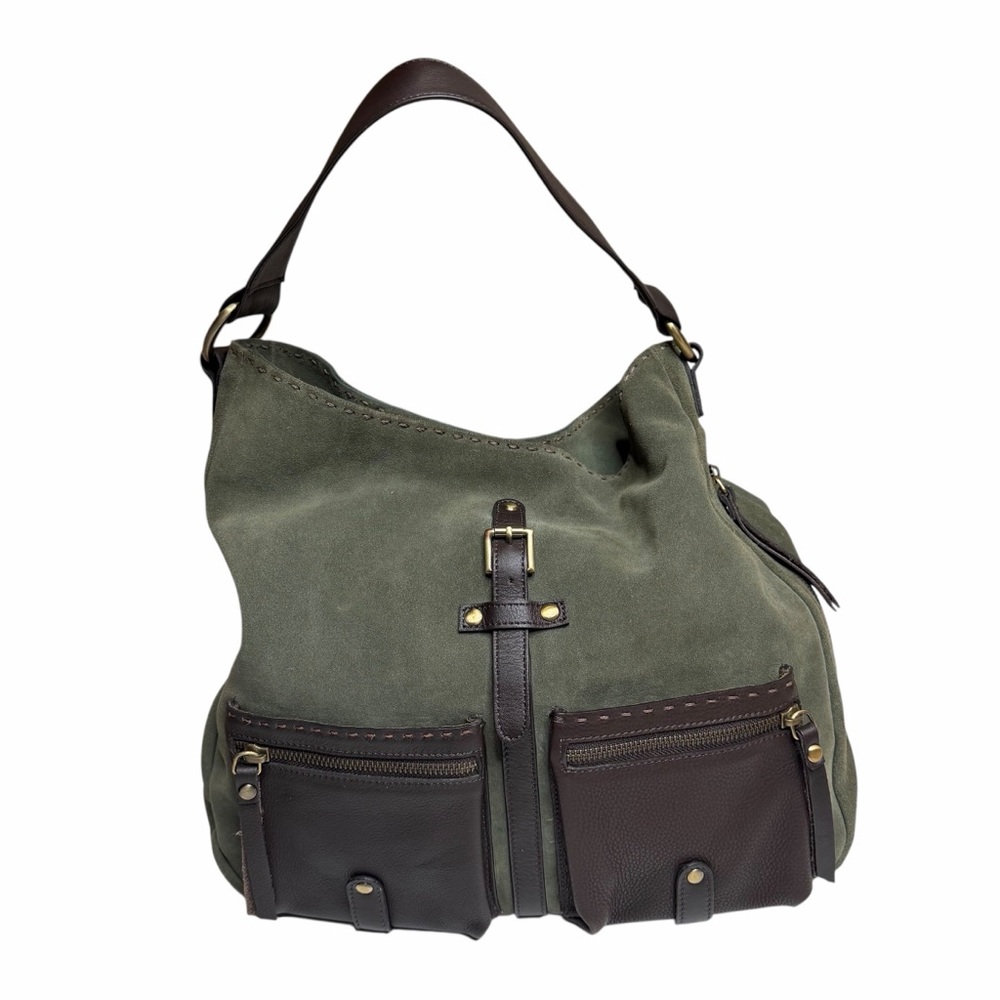 CARLA MANCINI Green Brown Suede Leather Shoulder Hobo Bag NWT Slouchy